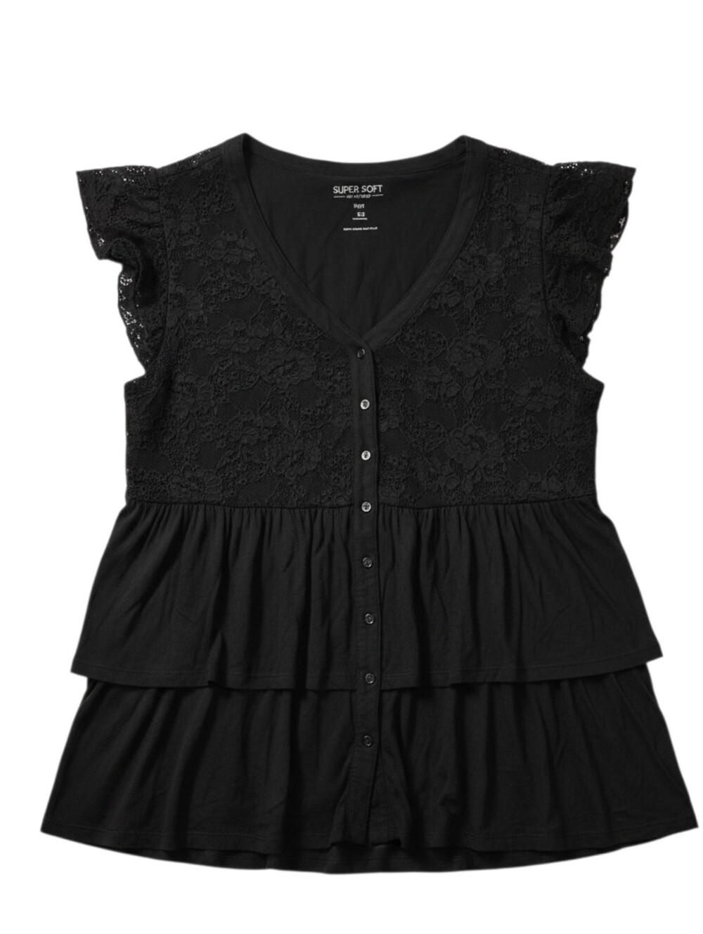 TORRID Black Lace Knit Tiered Babydoll Top In 00(M)
